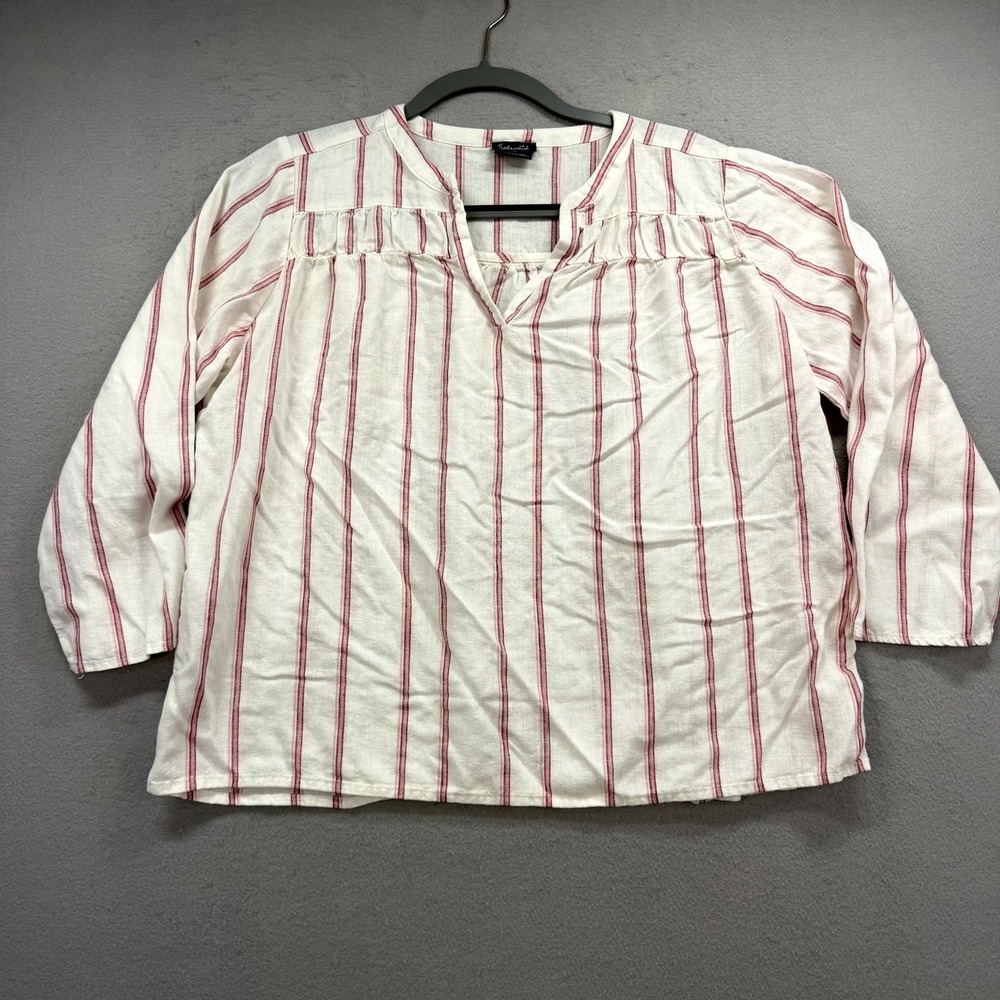 Splendid Blouse Top Women M White Red Striped Linen Blend Lightweight Split Neck